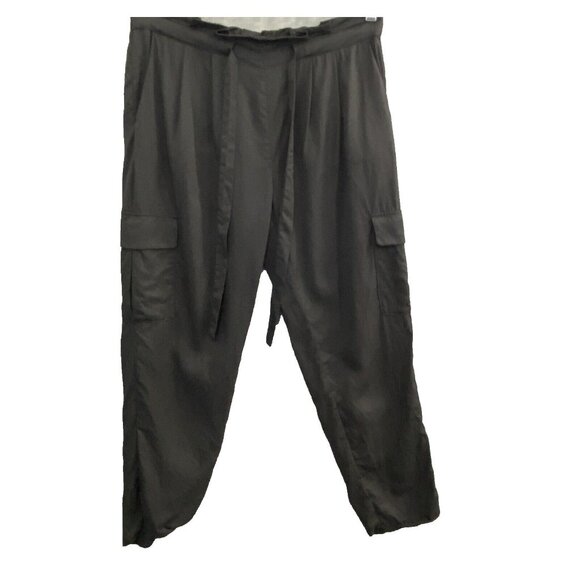 RAMY BROOKS Women Allyn Pants Satin Paperbag Elastic Tie Waist Sz M Black 3-50 - Picture 2 of 12